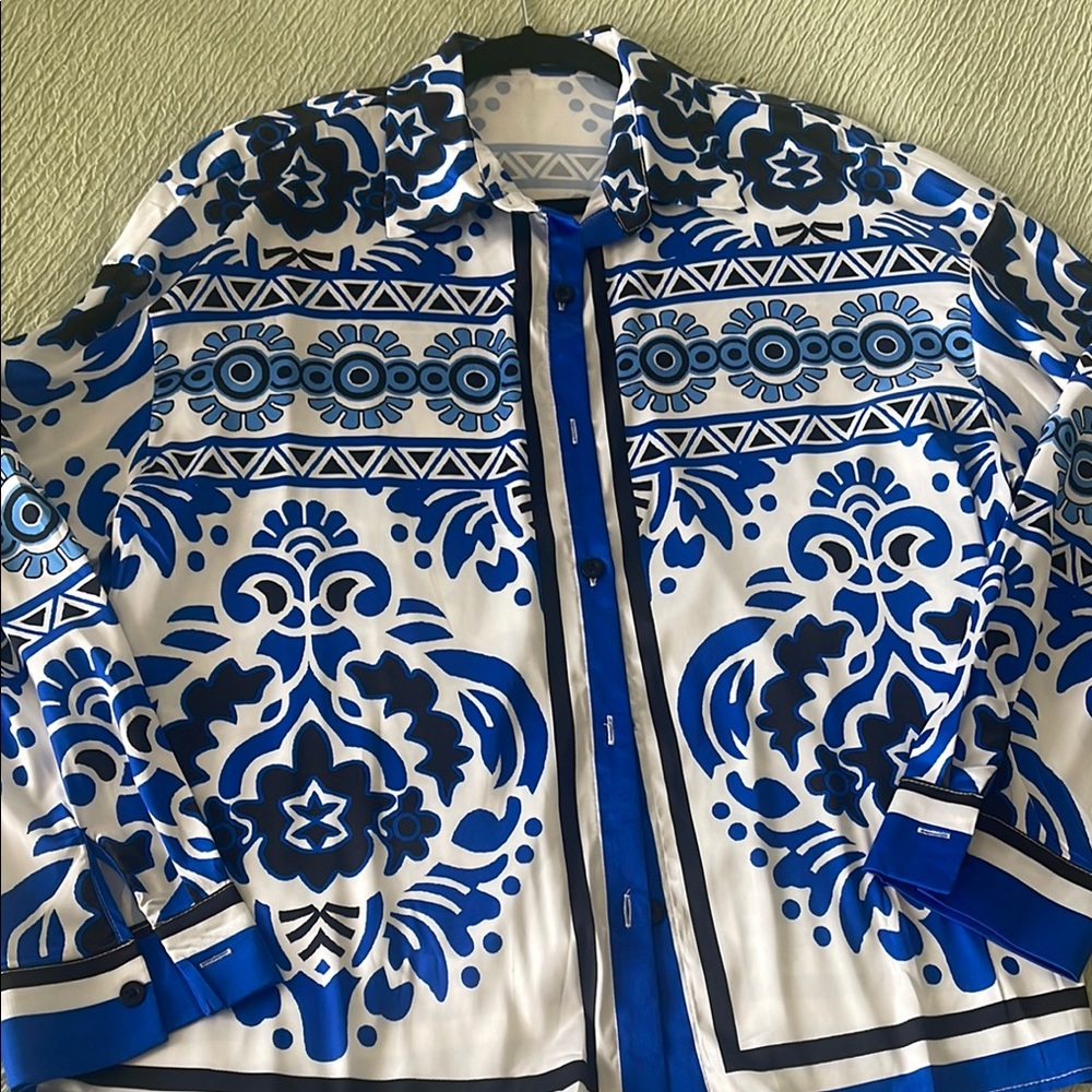 Blue and White Patterned Blouse
